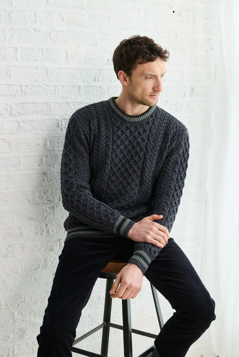 Inishbeg Mens Stripe Crewneck Merino Aran Sweater - Dark Grey