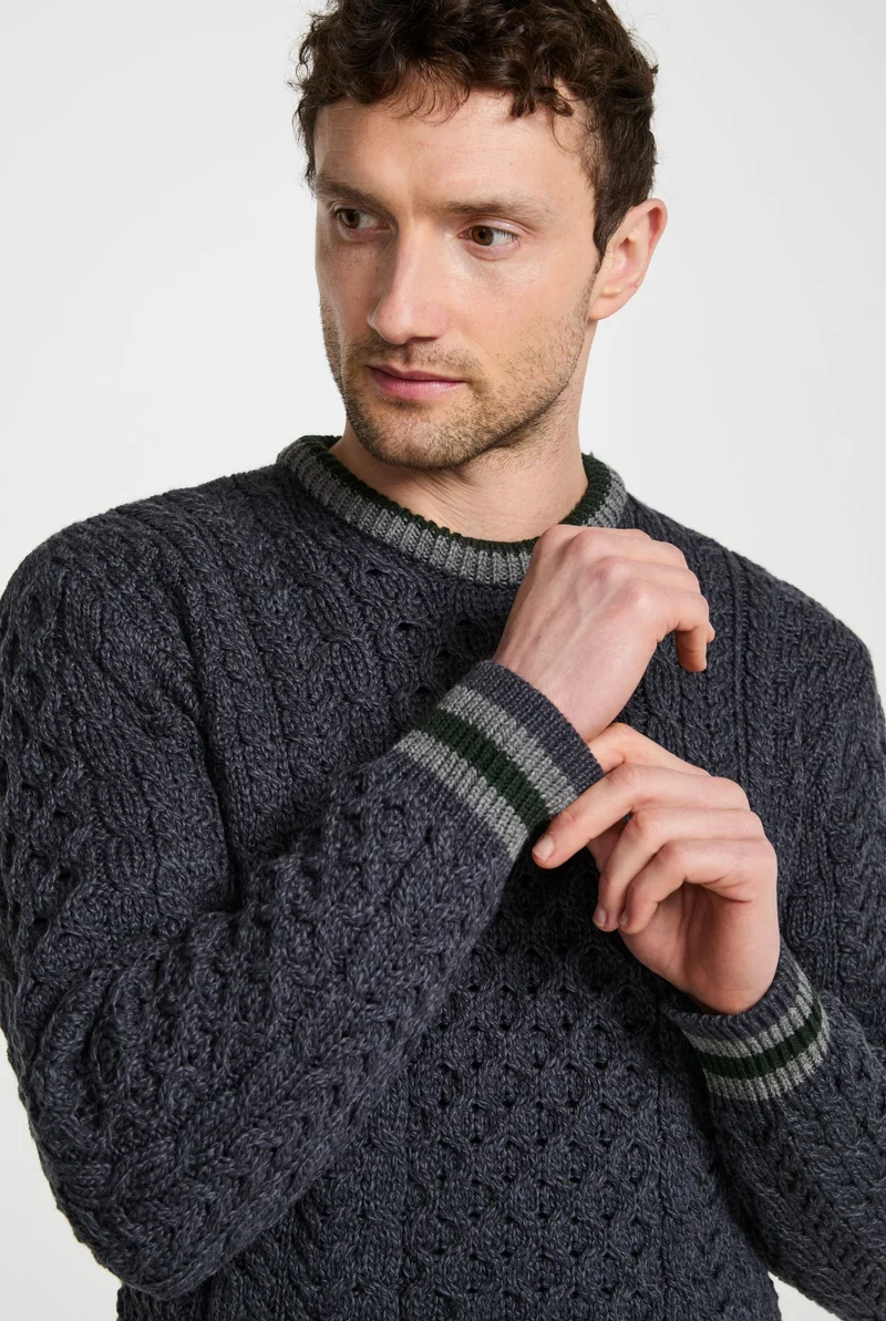 Inishbeg Mens Stripe Crewneck Merino Aran Sweater - Dark Grey
