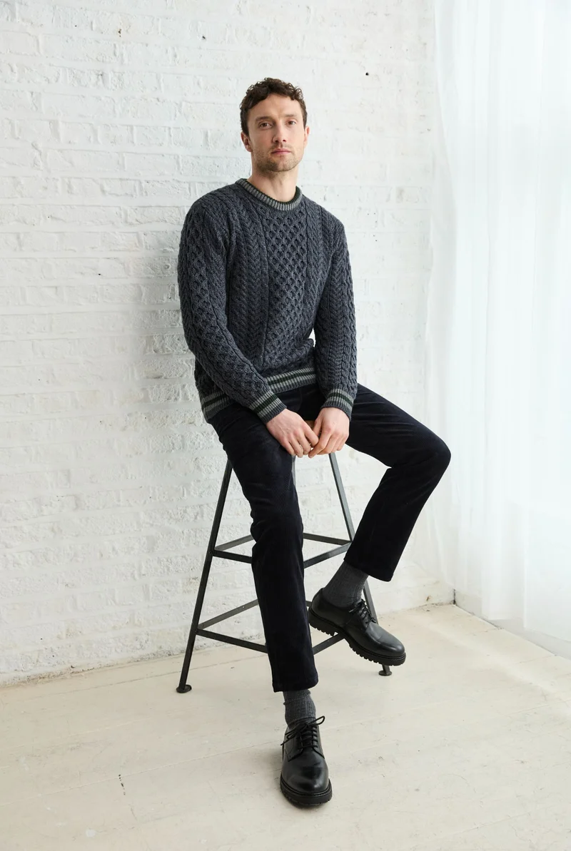 Inishbeg Mens Stripe Crewneck Merino Aran Sweater - Dark Grey