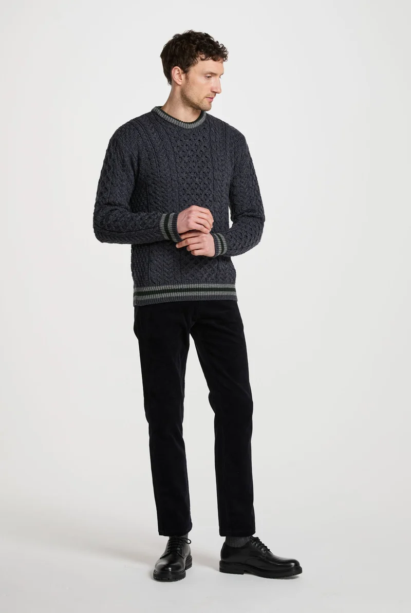 Inishbeg Mens Stripe Crewneck Merino Aran Sweater - Dark Grey
