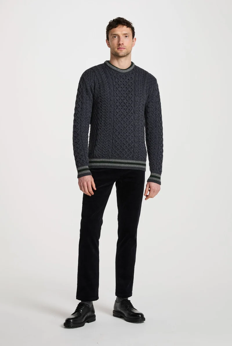 Inishbeg Mens Stripe Crewneck Merino Aran Sweater - Dark Grey