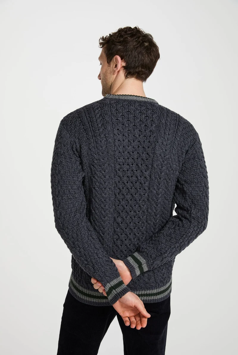 Inishbeg Mens Stripe Crewneck Merino Aran Sweater - Dark Grey