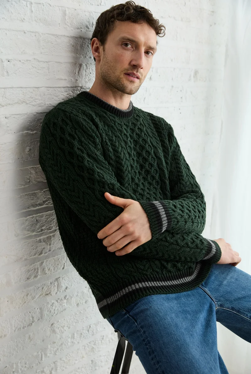 Inishbeg Mens Stripe Crewneck Merino Aran Sweater - Green