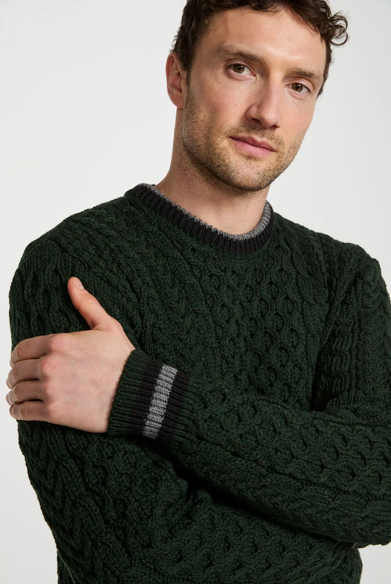 Inishbeg Mens Stripe Crewneck Merino Aran Sweater - Green