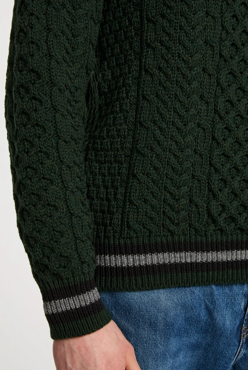 Inishbeg Mens Stripe Crewneck Merino Aran Sweater - Green