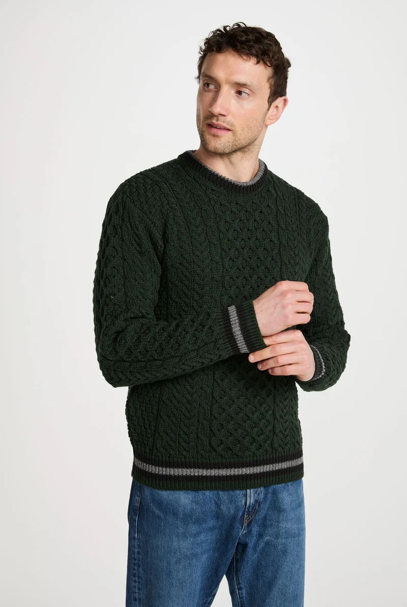 Inishbeg Mens Stripe Crewneck Merino Aran Sweater - Green