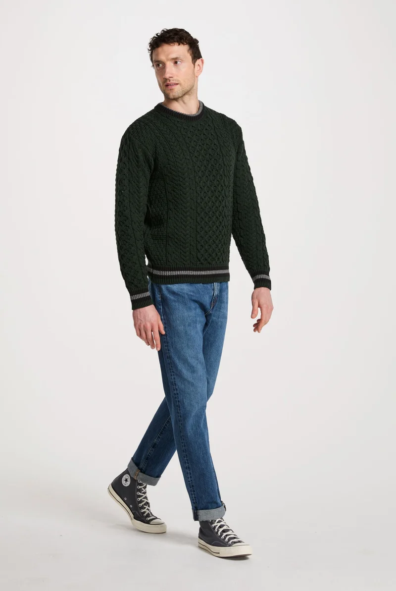 Inishbeg Mens Stripe Crewneck Merino Aran Sweater - Green