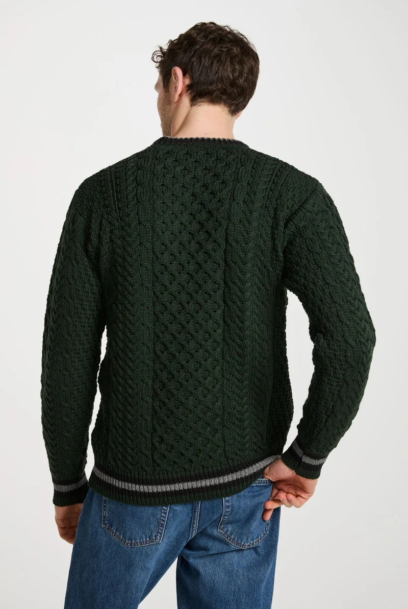 Inishbeg Mens Stripe Crewneck Merino Aran Sweater - Green