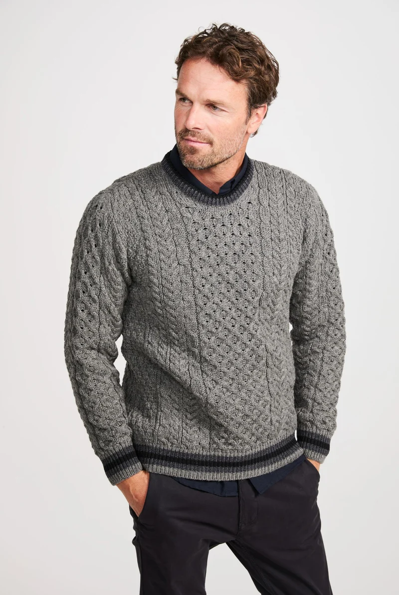 Inishbeg Mens Stripe Crewneck Merino Sweater - Grey