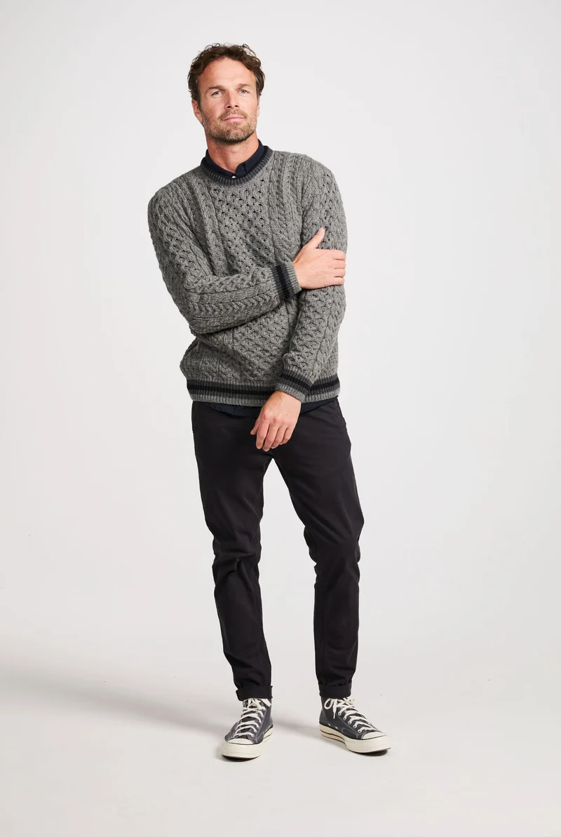 Inishbeg Mens Stripe Crewneck Merino Sweater - Grey