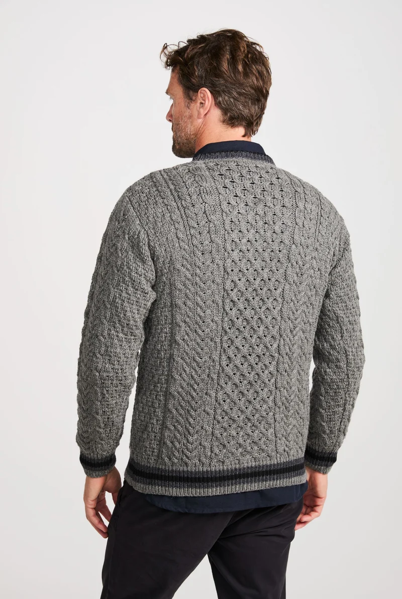 Inishbeg Mens Stripe Crewneck Merino Sweater - Grey