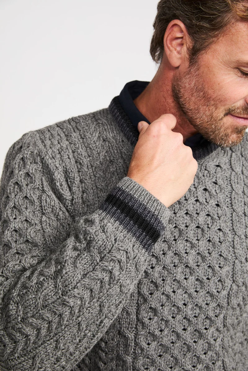 Inishbeg Mens Stripe Crewneck Merino Sweater - Grey