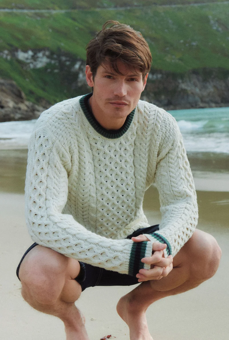 Inishbeg Mens Stripe Crewneck Merino Aran Sweater - Cream