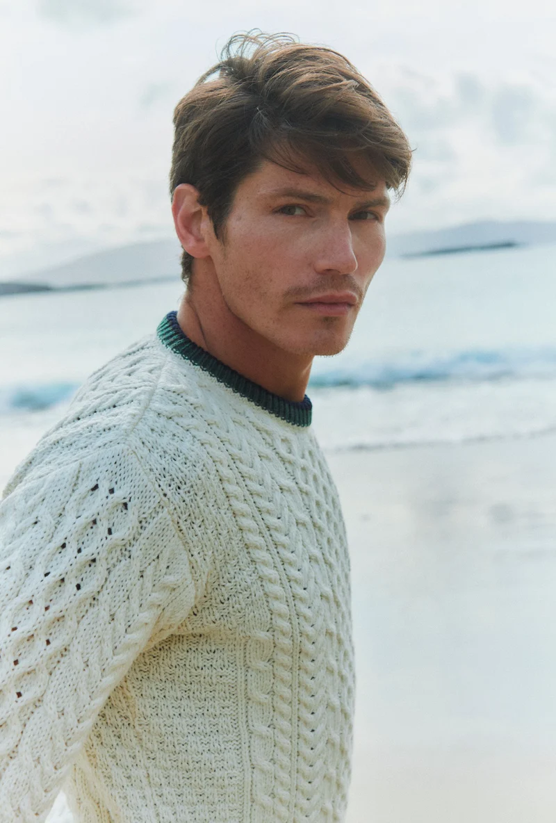 Inishbeg Mens Stripe Crewneck Merino Aran Sweater - Cream