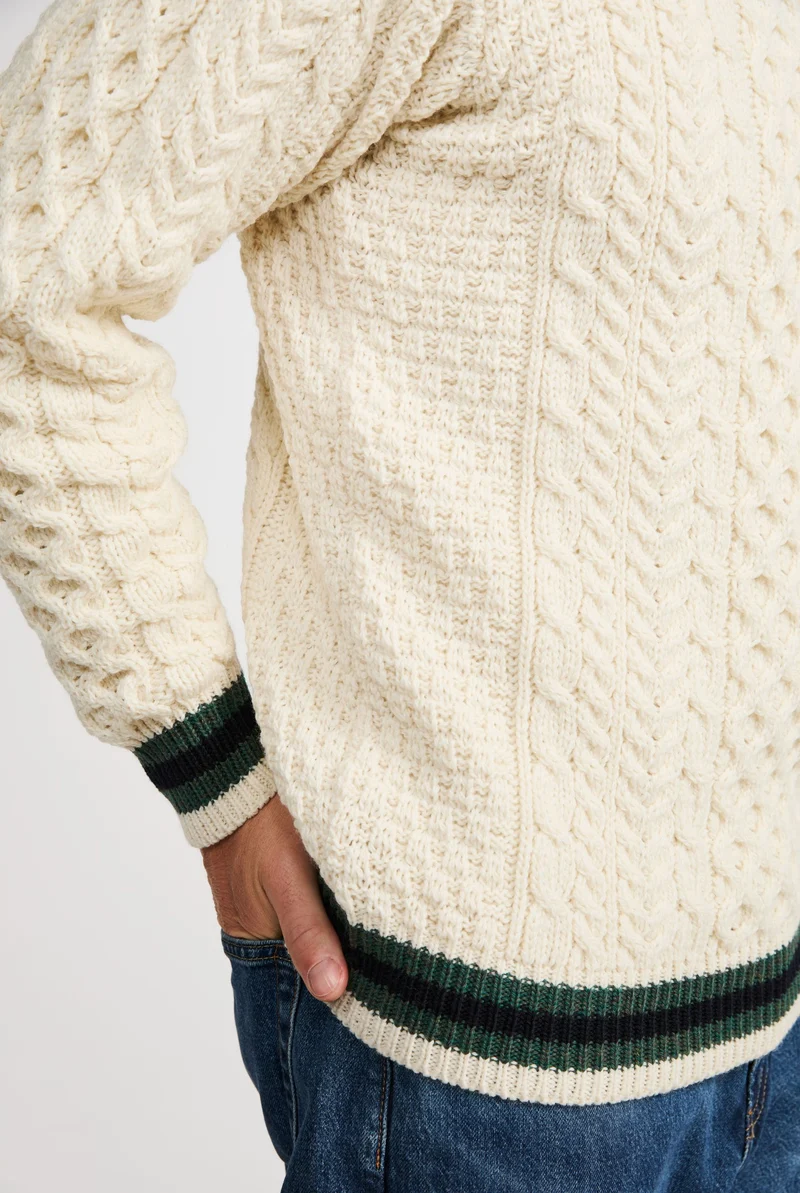 Inishbeg Mens Stripe Crewneck Merino Aran Sweater - Cream