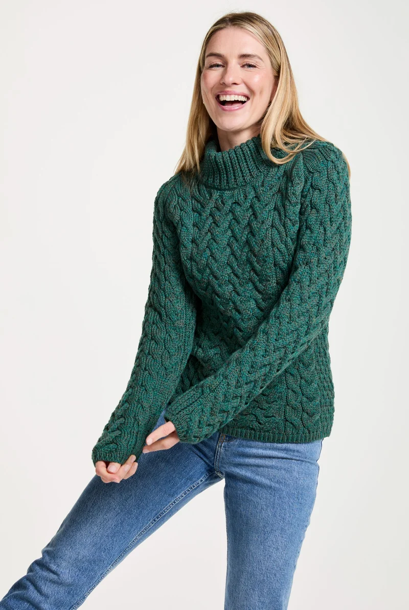 Knightstown Ladies Merino Aran Crew Sweater - Green