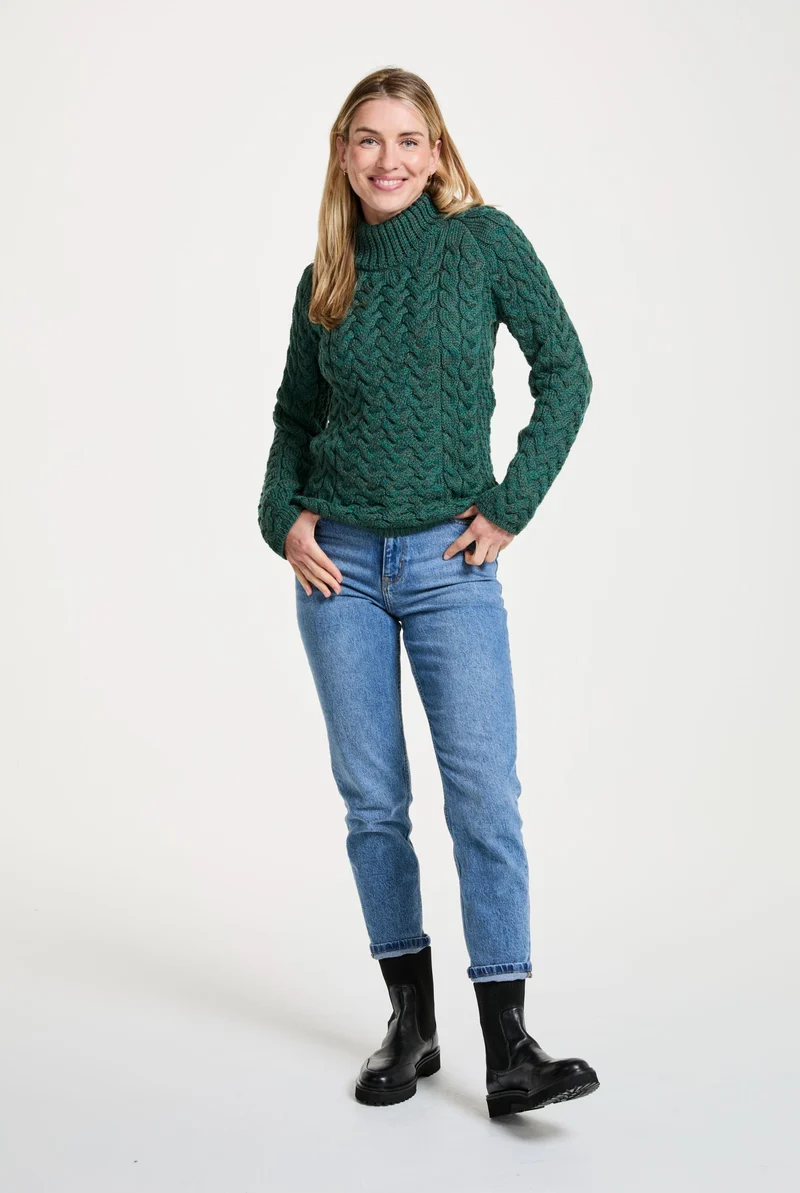 Knightstown Ladies Merino Aran Crew Sweater - Green