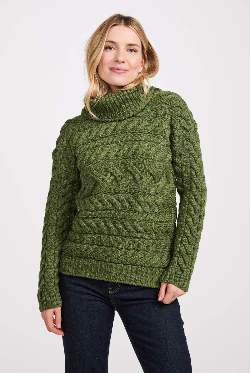 Derreen Aran Horizontal Cable Sweater - Green