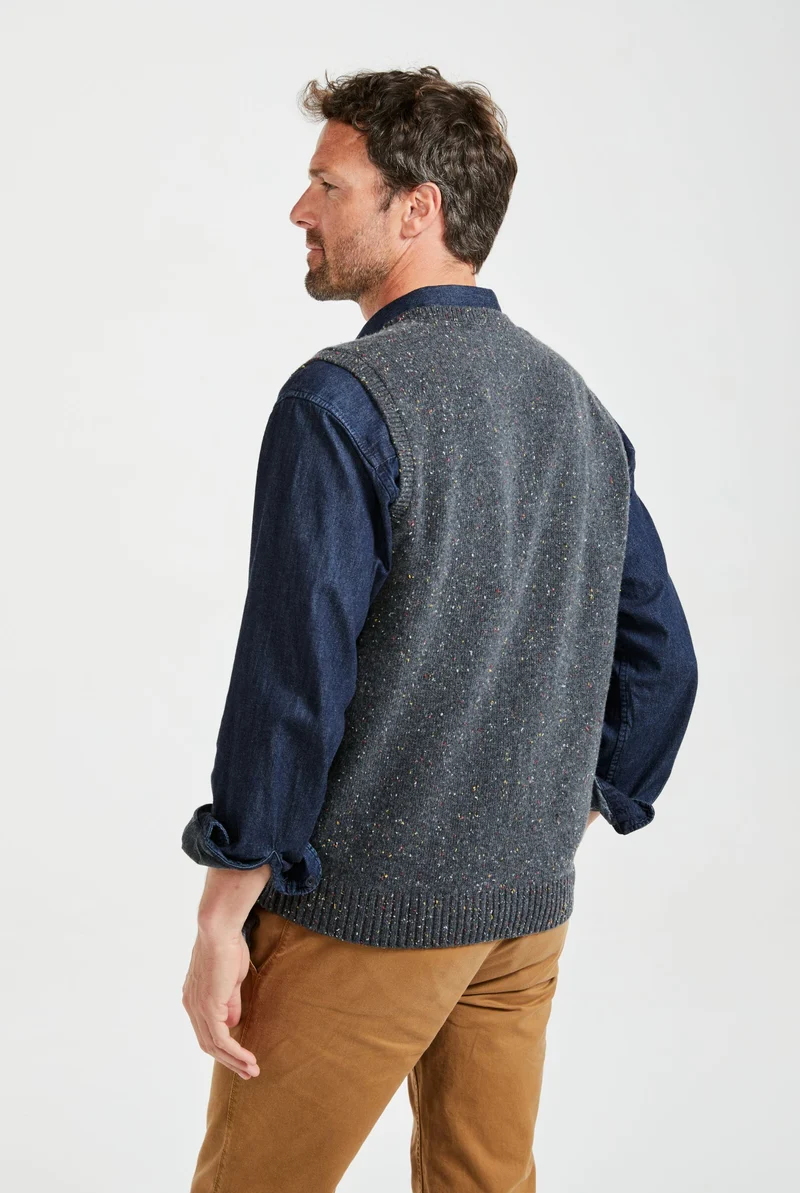 Roonagh Men's Aran Nepped V-Neck Vest - Grey