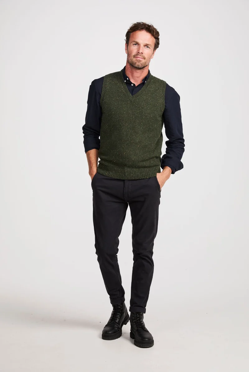 Roonagh Men's Aran Nepped V-Neck Vest - Green