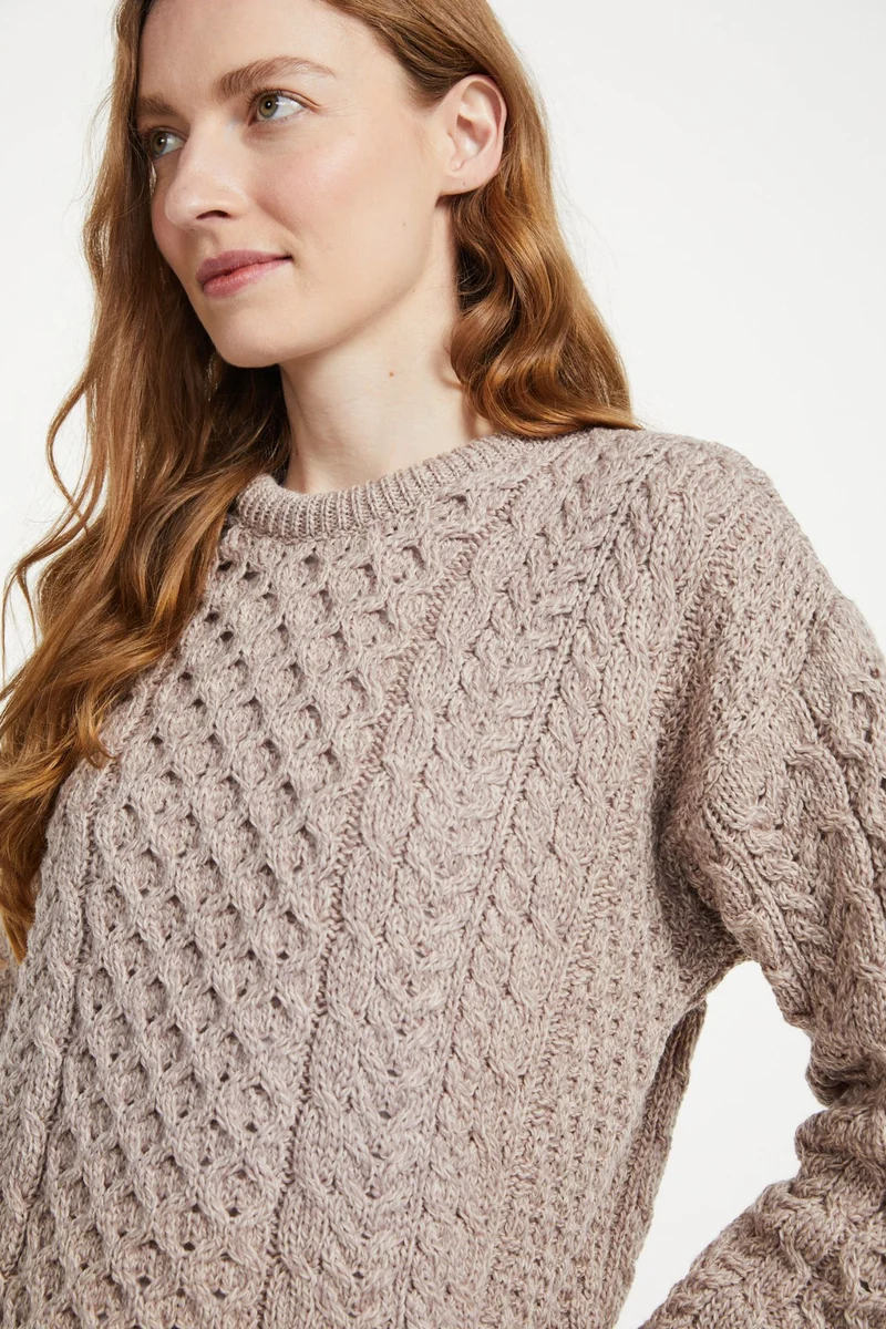 Inisheer Traditional Ladies Merino Aran Sweater - Oat