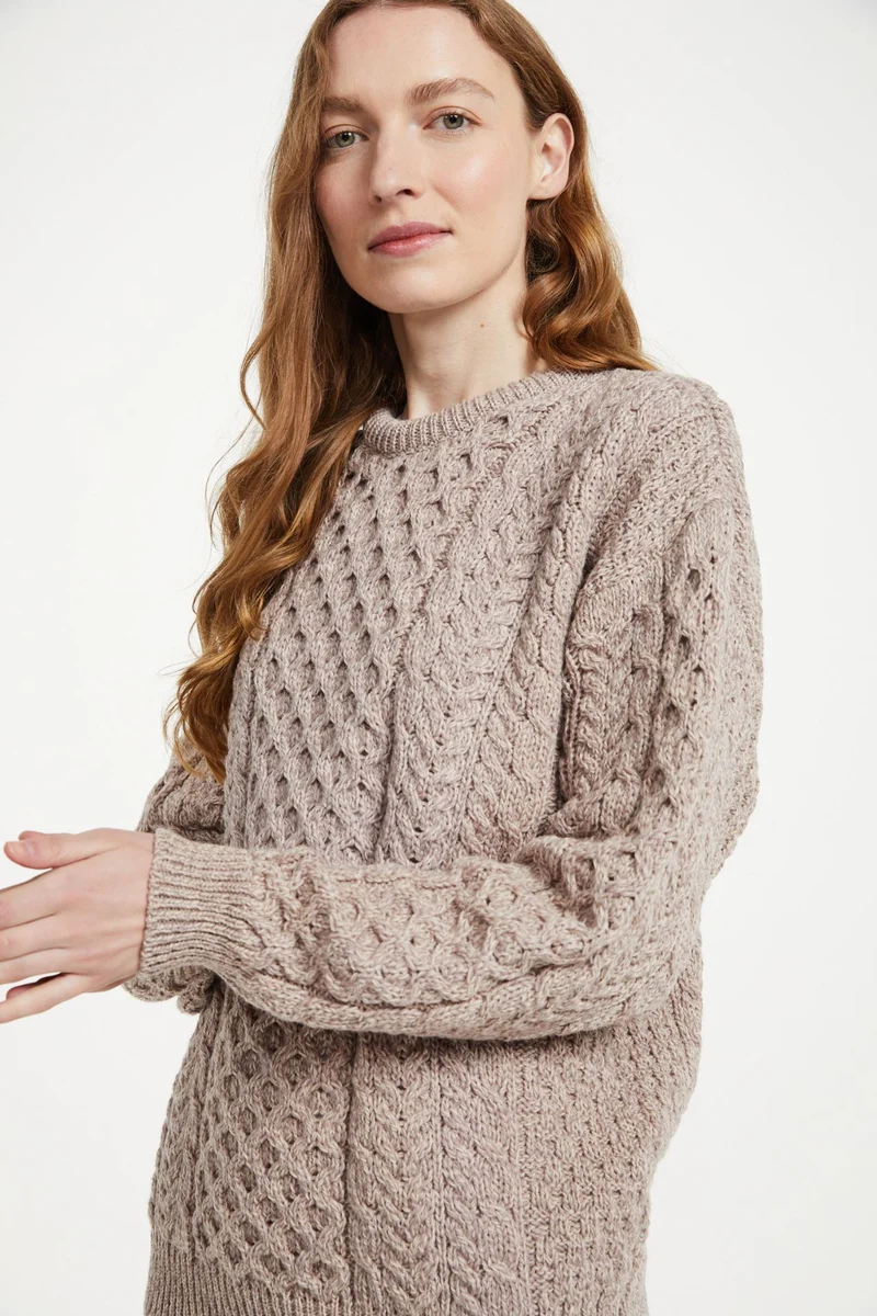 Inisheer Traditional Ladies Merino Aran Sweater - Oat