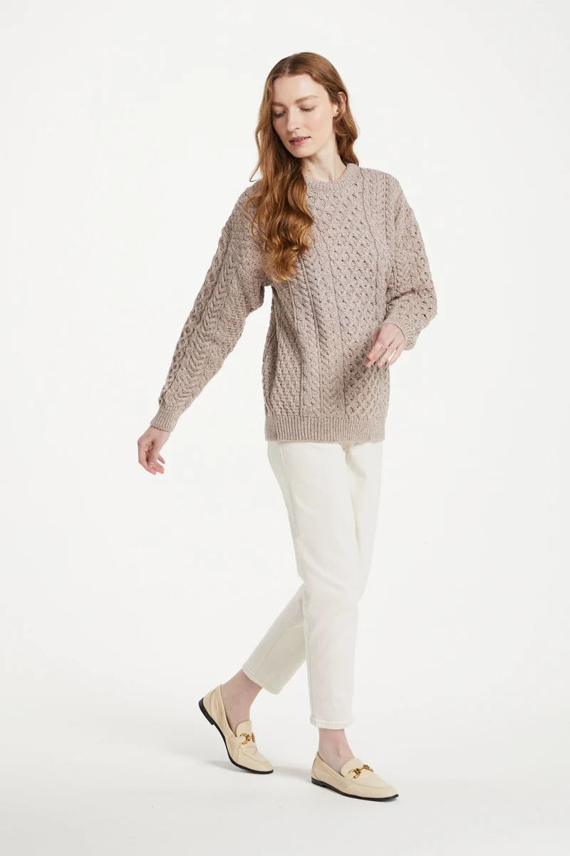Inisheer Traditional Ladies Merino Aran Sweater - Oat