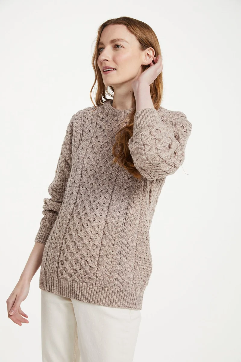 Inisheer Traditional Ladies Merino Aran Sweater - Oat