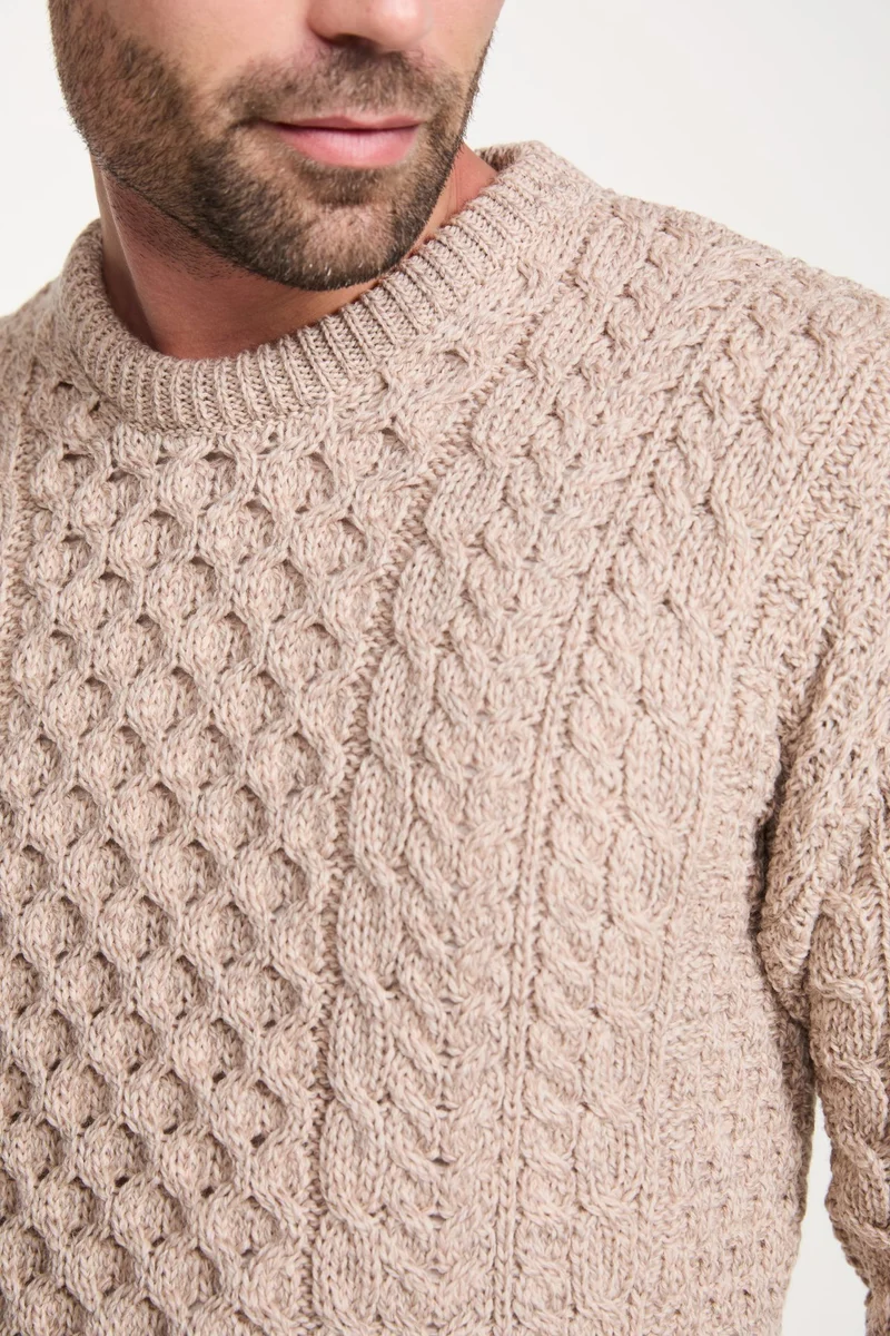 Inisheer Traditional Men's Merino Aran Sweater - Oat