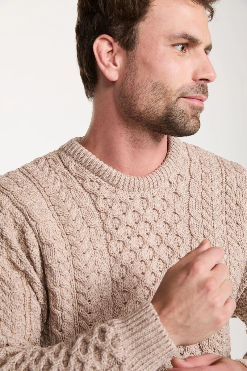 Inisheer Traditional Men's Merino Aran Sweater - Oat