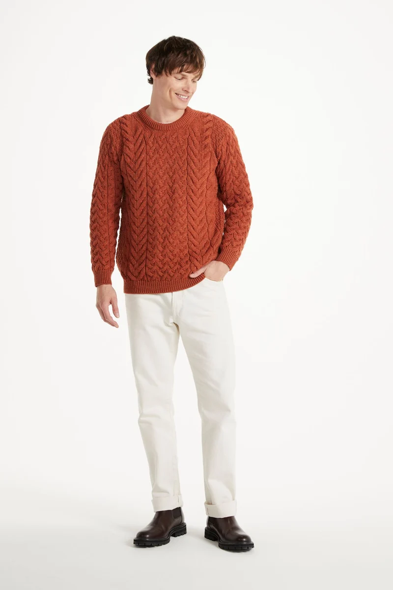 Omey Mens Aran Crew Neck Sweater - Copper
