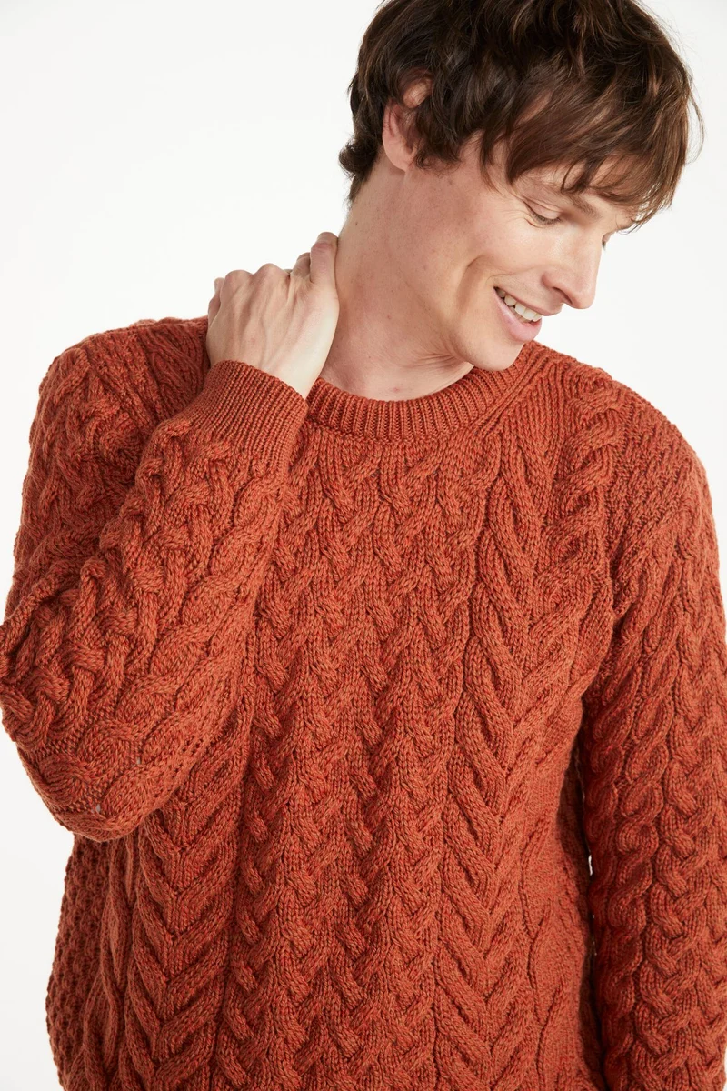 Omey Mens Aran Crew Neck Sweater - Copper