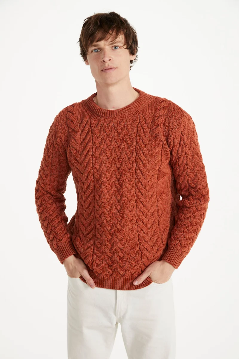 Omey Mens Aran Crew Neck Sweater - Copper