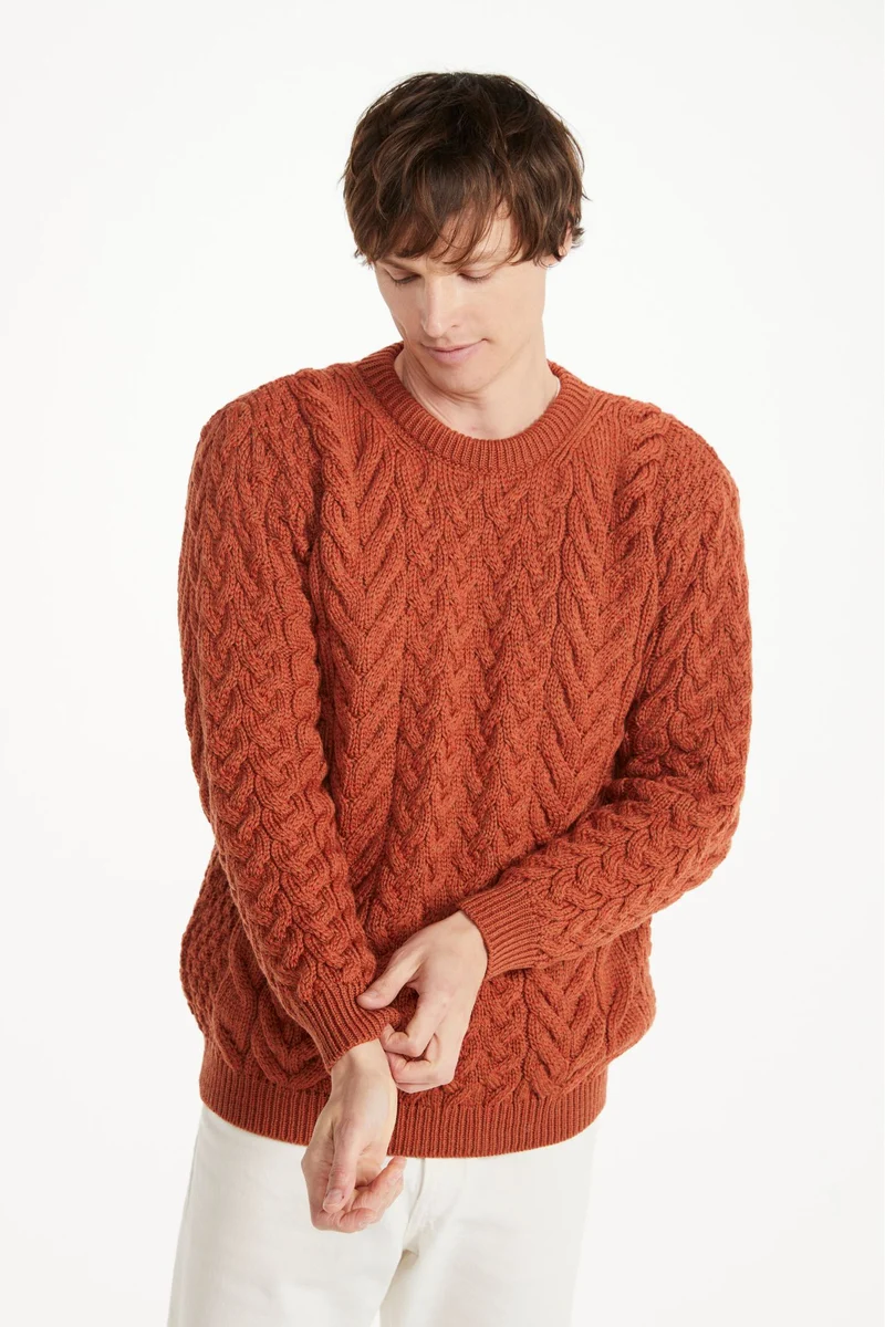 Omey Mens Aran Crew Neck Sweater - Copper