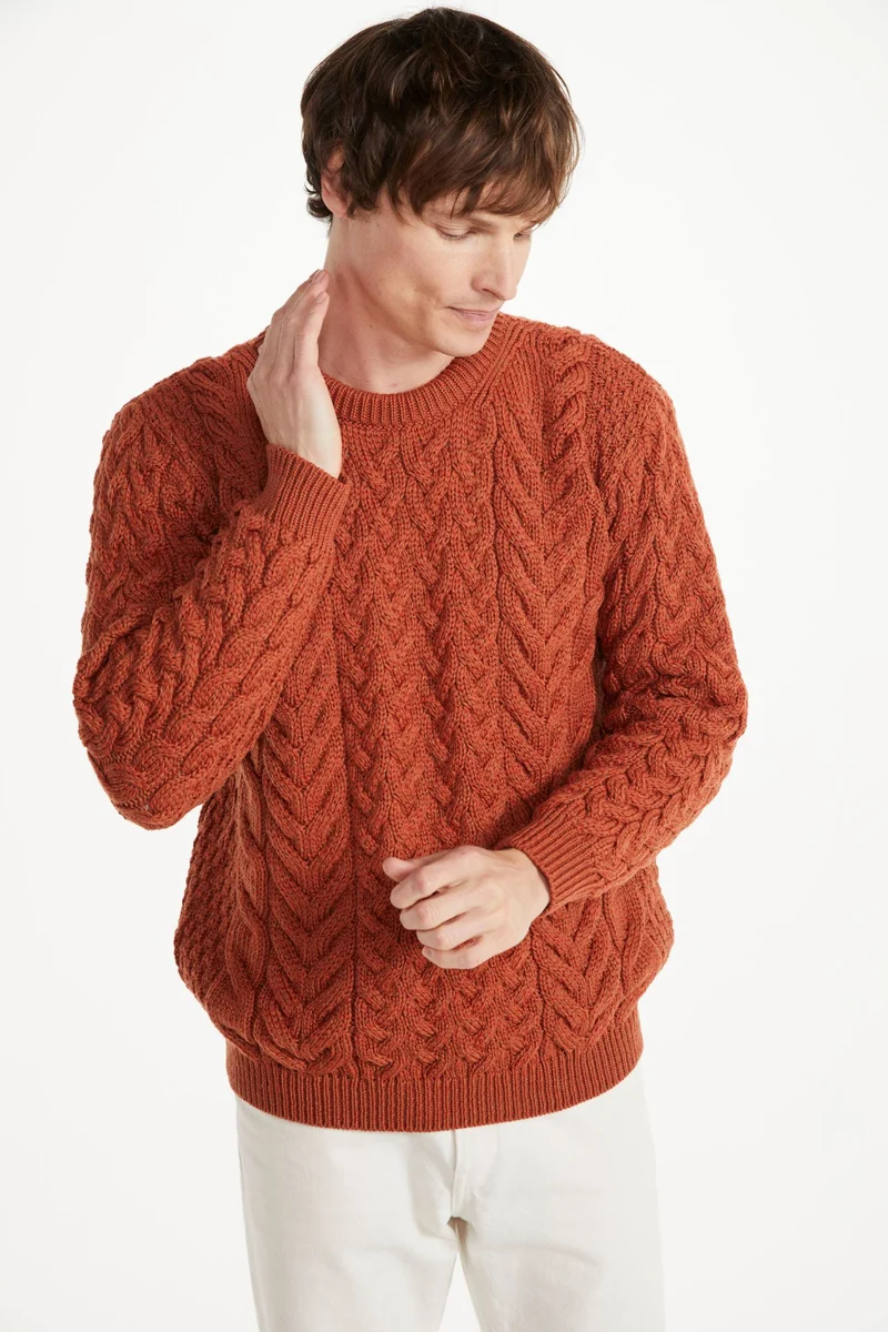 Omey Mens Aran Crew Neck Sweater - Copper