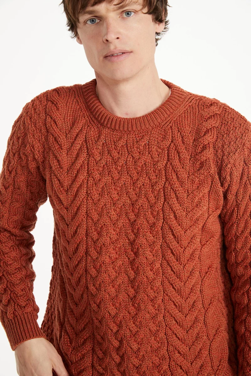 Omey Mens Aran Crew Neck Sweater - Copper