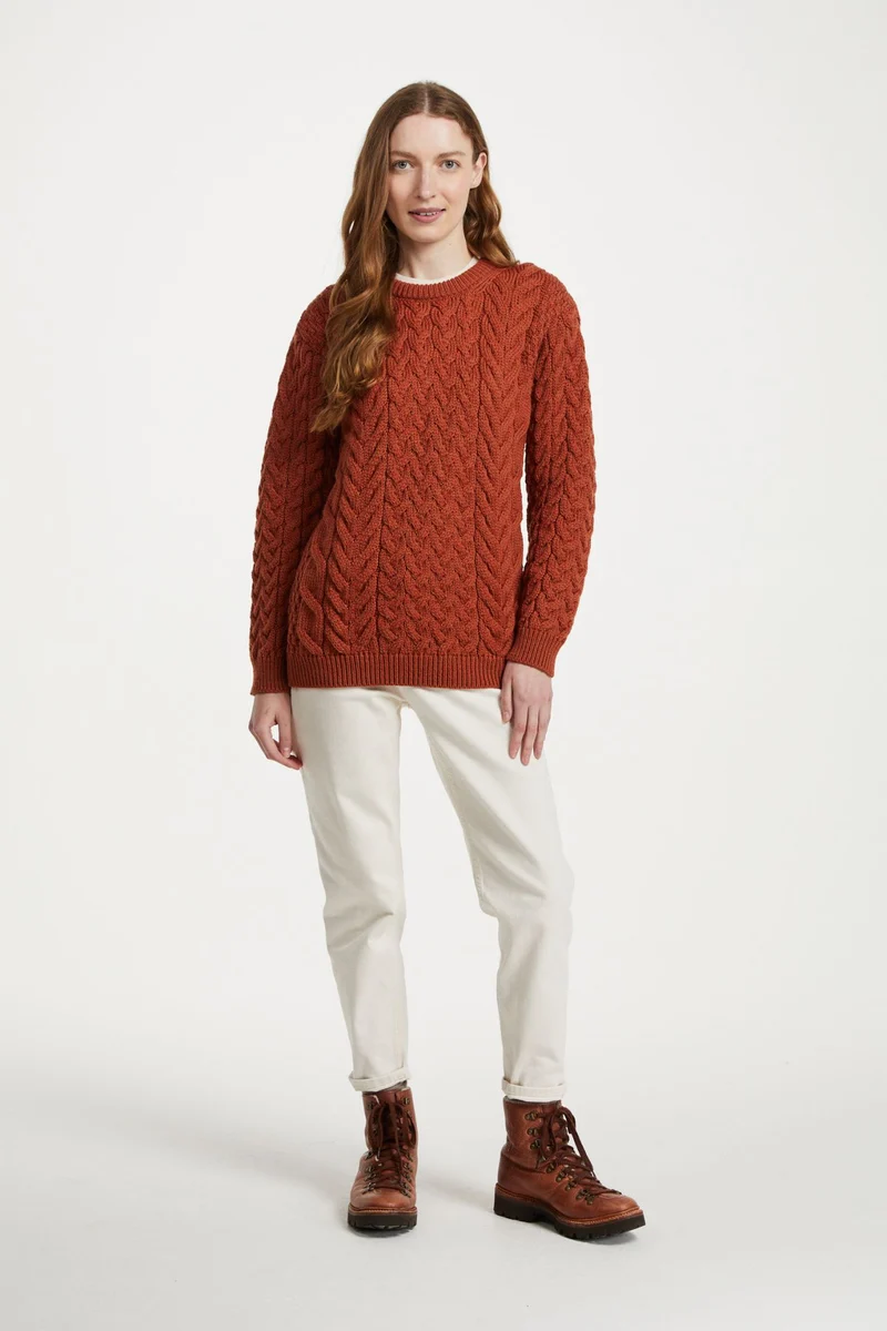 Omey Ladies Aran Crew Neck Sweater - Copper