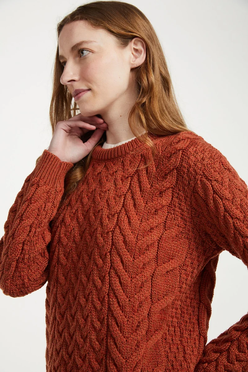 Omey Ladies Aran Crew Neck Sweater - Copper