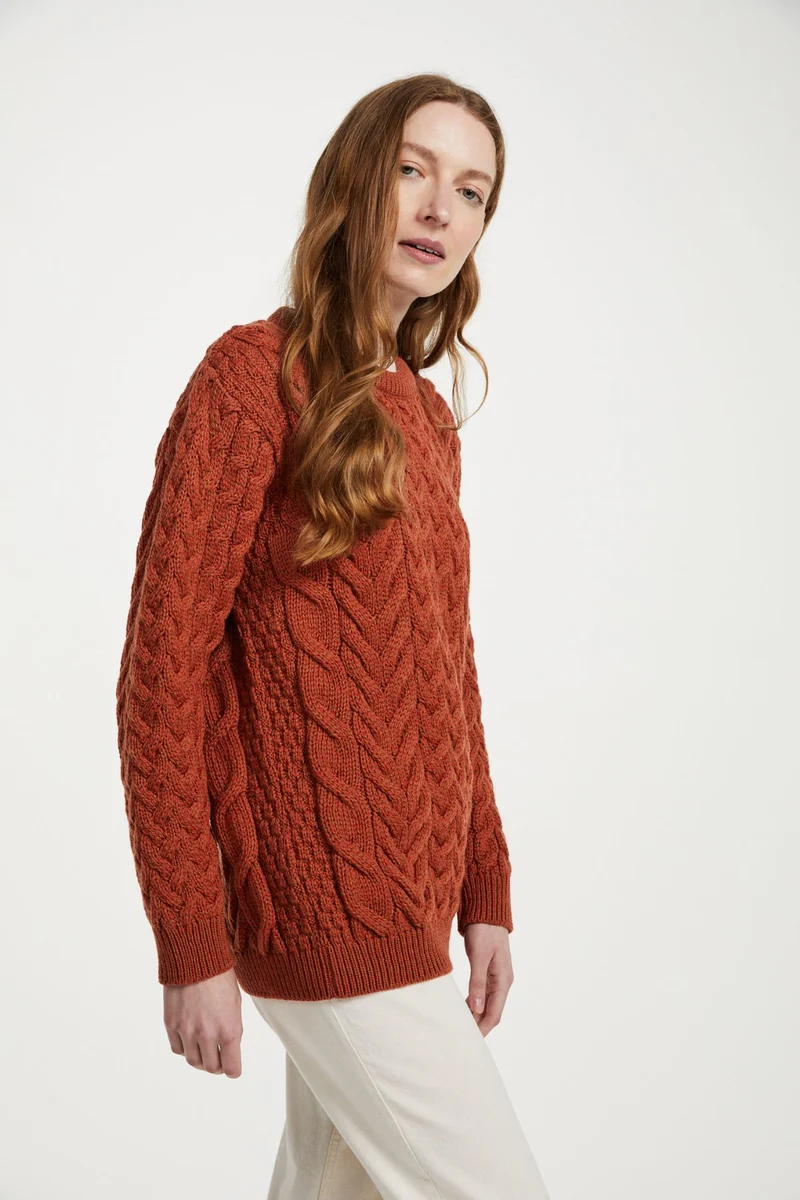 Omey Ladies Aran Crew Neck Sweater - Copper