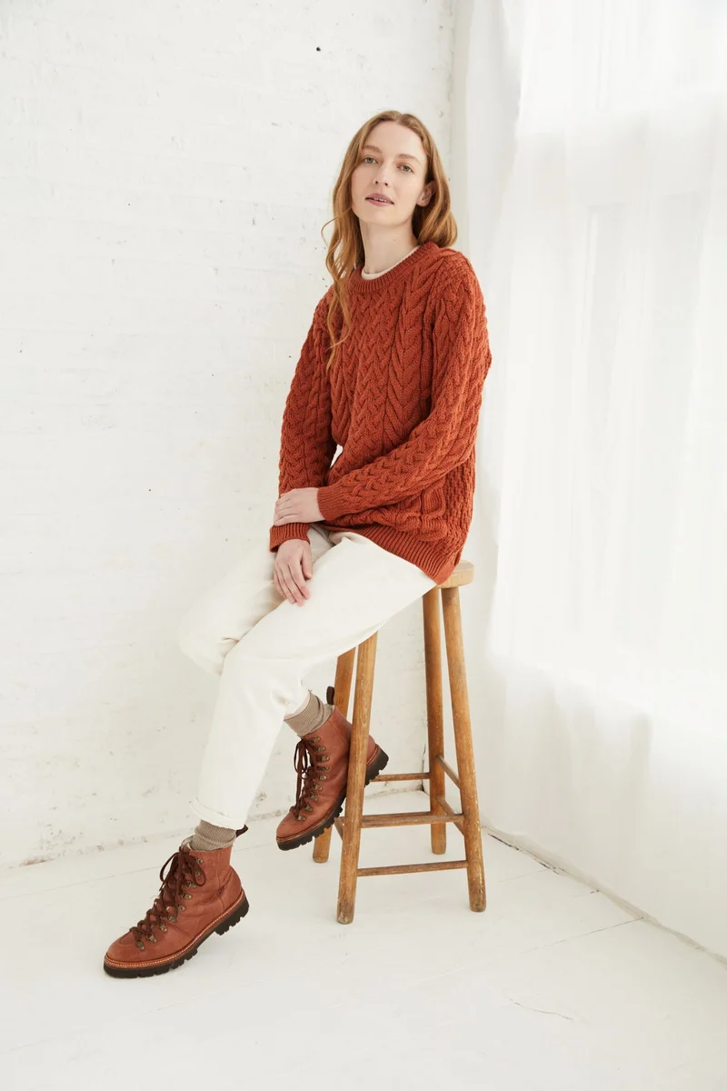 Omey Ladies Aran Crew Neck Sweater - Copper