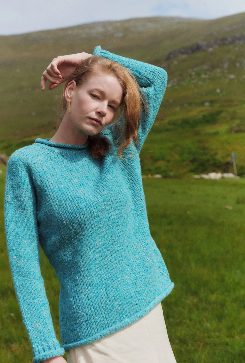 Brackloon Tweed Roll Neck Ladies Sweater - Aqua Blue