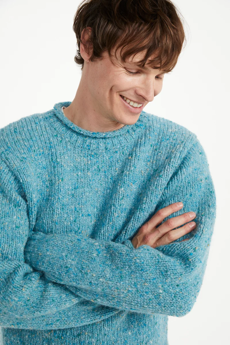 Raheen Tweed Roll Neck Mens Sweater - Aqua Blue