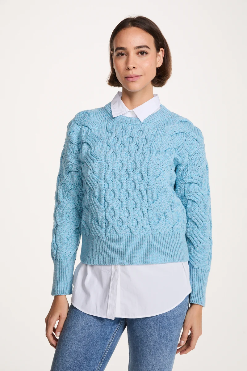 Isla Supersoft Merino Crop Cable Sweater-Sky Blue