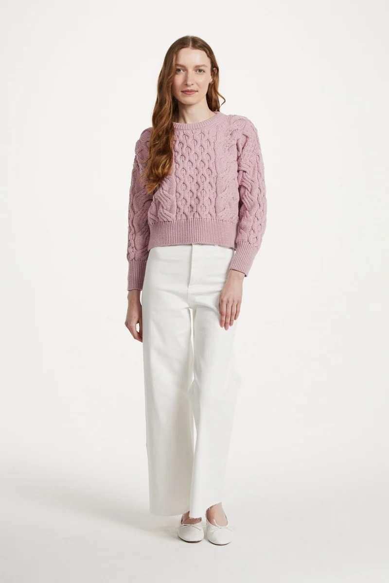 Isla Supersoft Merino Crop Cable Sweater-Pink
