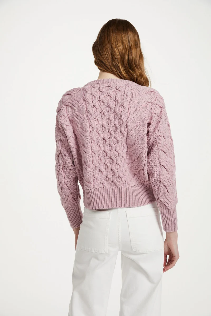 Isla Supersoft Merino Crop Cable Sweater-Pink