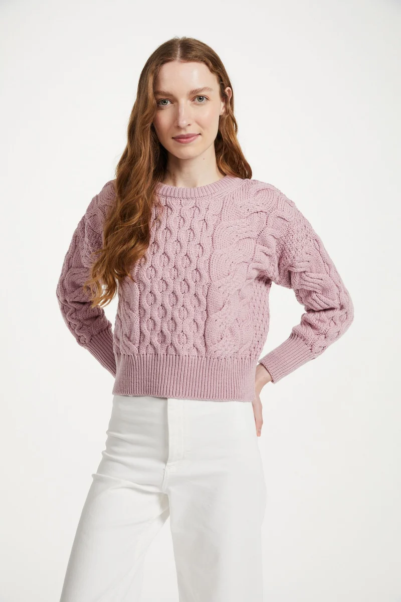 Isla Supersoft Merino Crop Cable Sweater-Pink