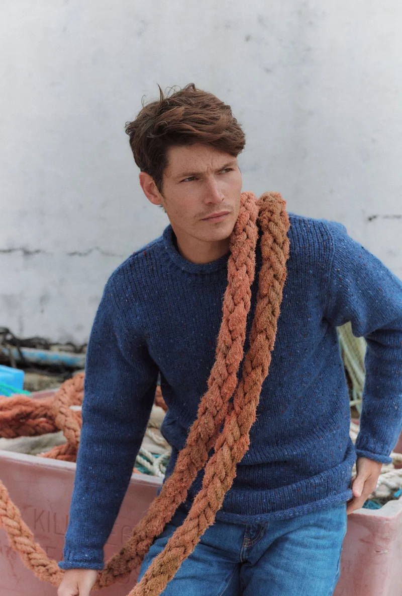 Raheen Tweed Roll Neck Mens Sweater - Denim