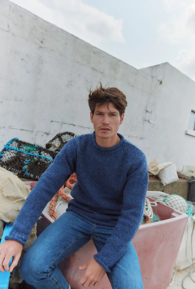 Raheen Tweed Roll Neck Mens Sweater - Denim