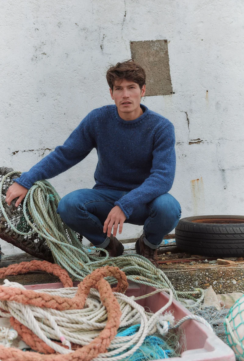 Raheen Tweed Roll Neck Mens Sweater - Denim