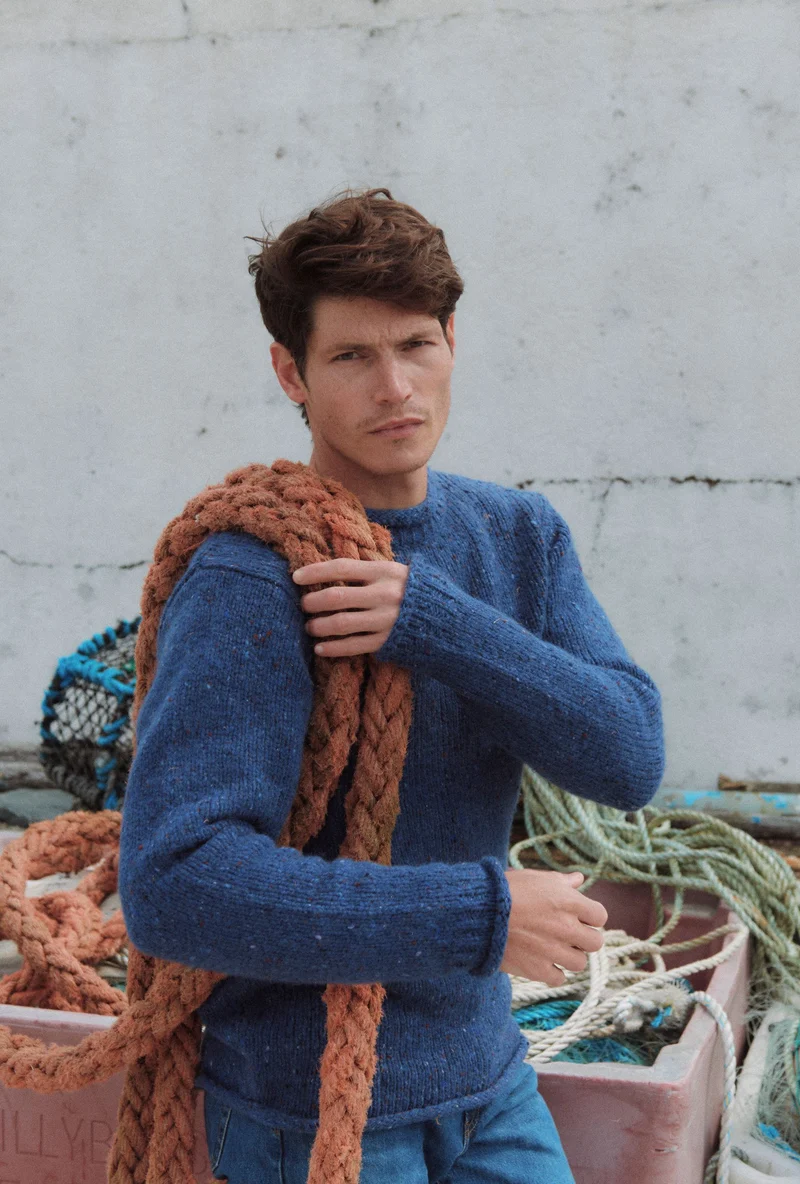Raheen Tweed Roll Neck Mens Sweater - Denim